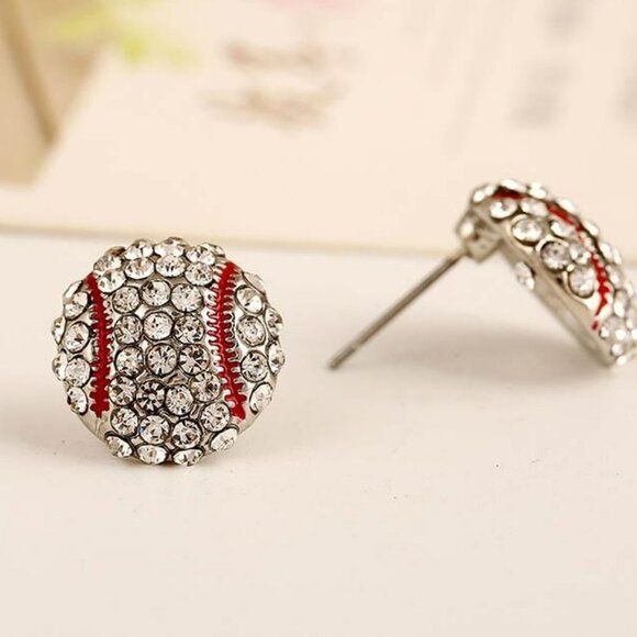Cute Rhinestone Baseball Shaped Stud Earrings - Picture 1 of 2